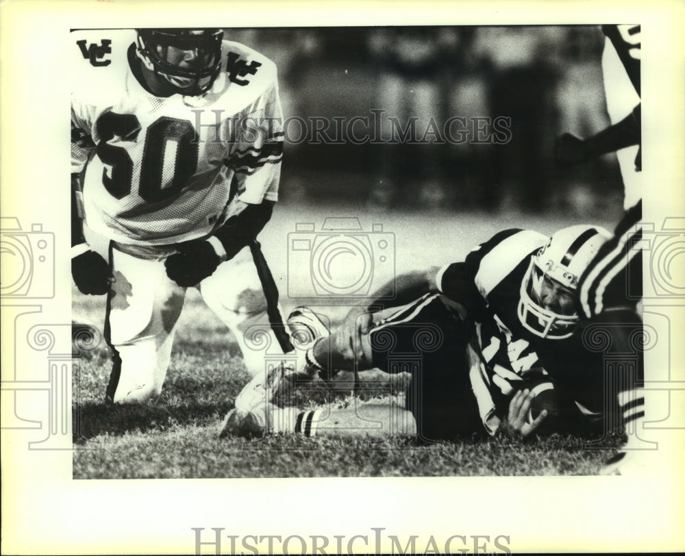 Press Photo Churchill and Marshall High School Football Players at Game Tackle- Historic Images