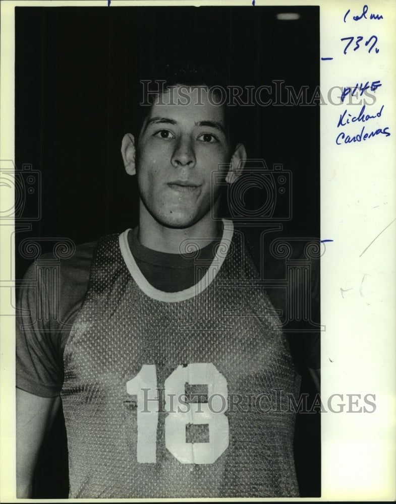 1987 Press Photo Richard Cardenas, Incarnate Word College Basketball Player- Historic Images