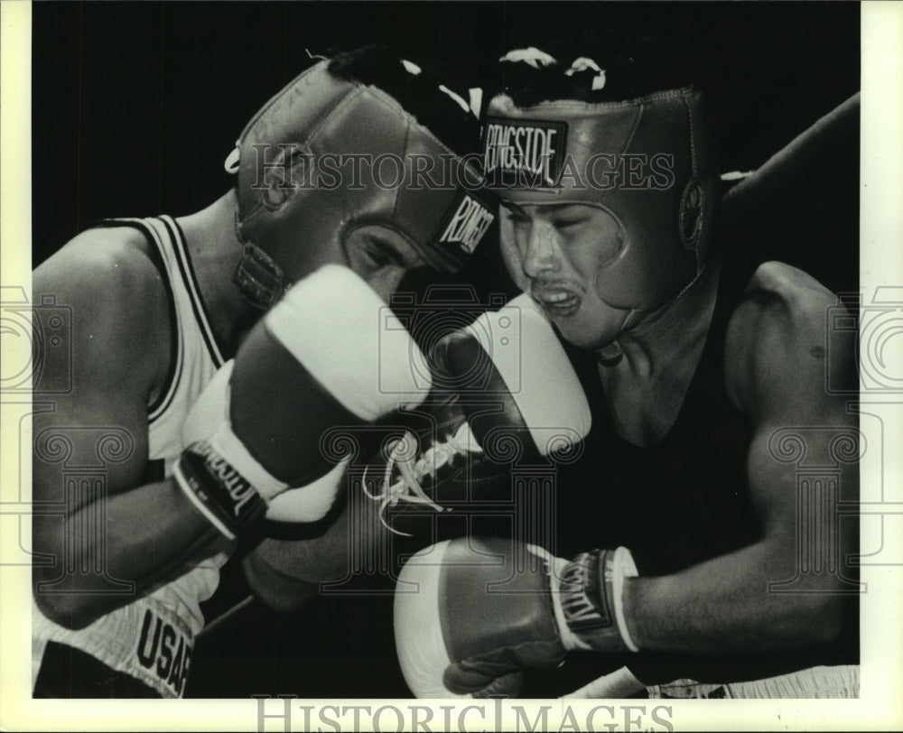 1987 Press Photo Boxers Adam Silva and Joe Bondoc at Golden Gloves Bout- Historic Images