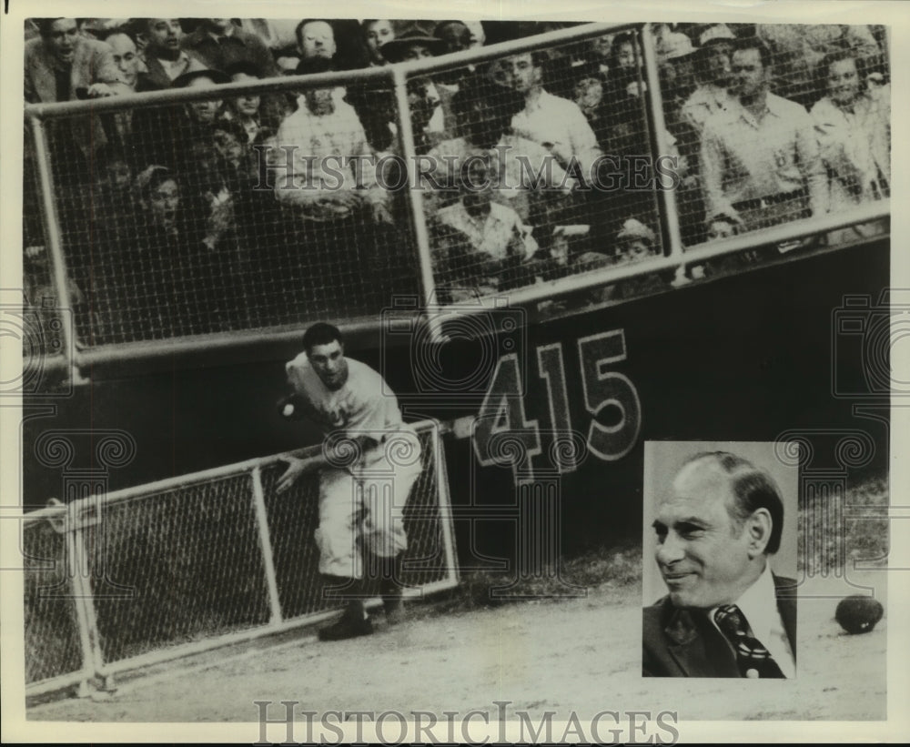 Press Photo Baseball Player Catches Ball at Bleachers Fence Line - sas10059- Historic Images