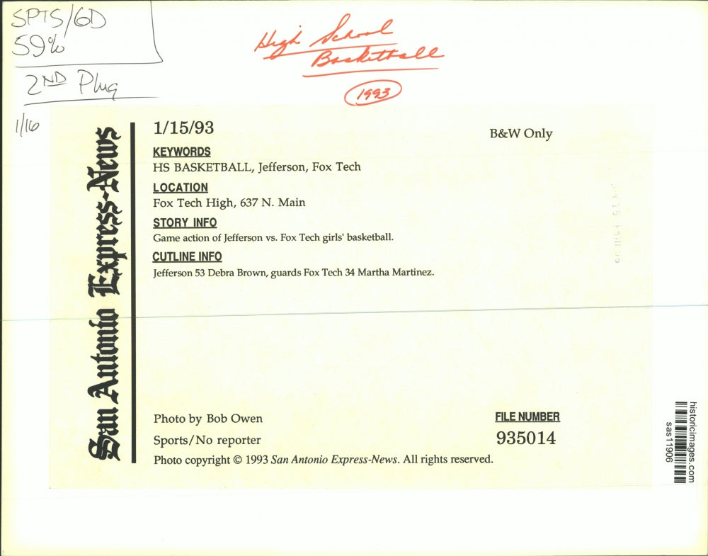 1993 Press Photo Debra Brown, Jefferson High School Basketball Player at Game