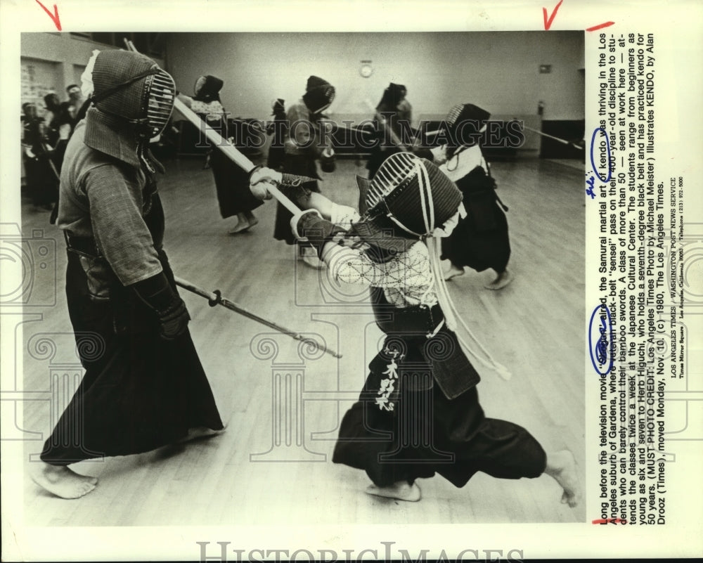 1980 Press Photo Kendo Samurai Martial Artists at Japanese Cultural Center- Historic Images