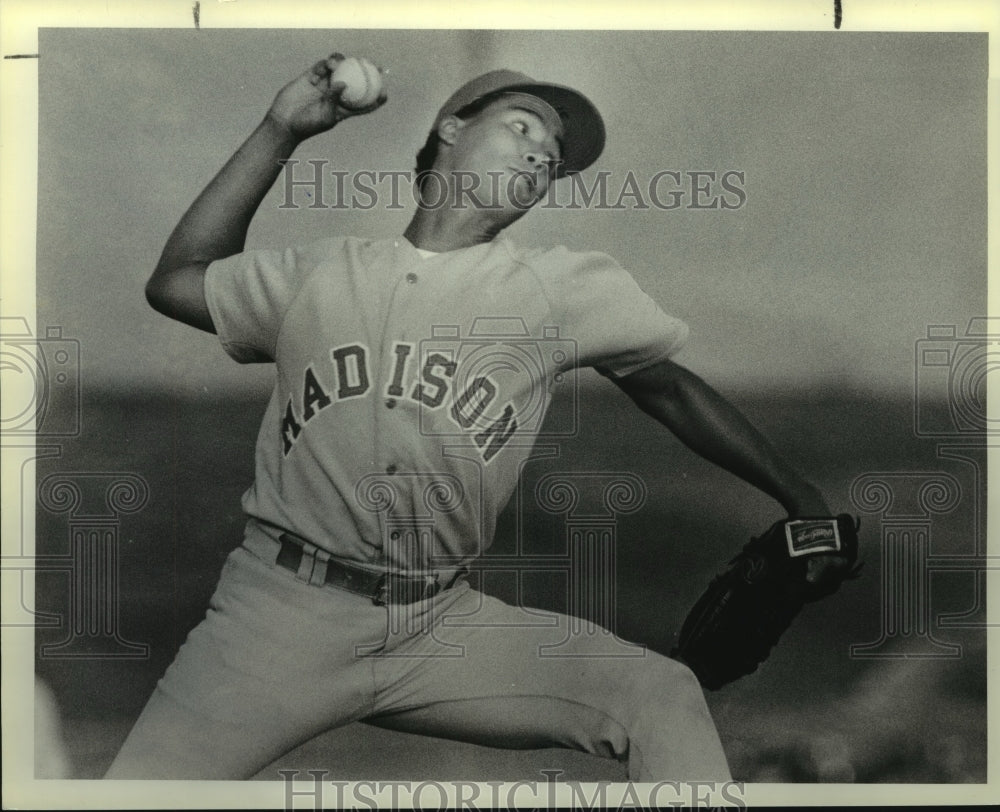 1989 Press Photo Javier Alvarez, Madison High School Baseball Player at Game- Historic Images