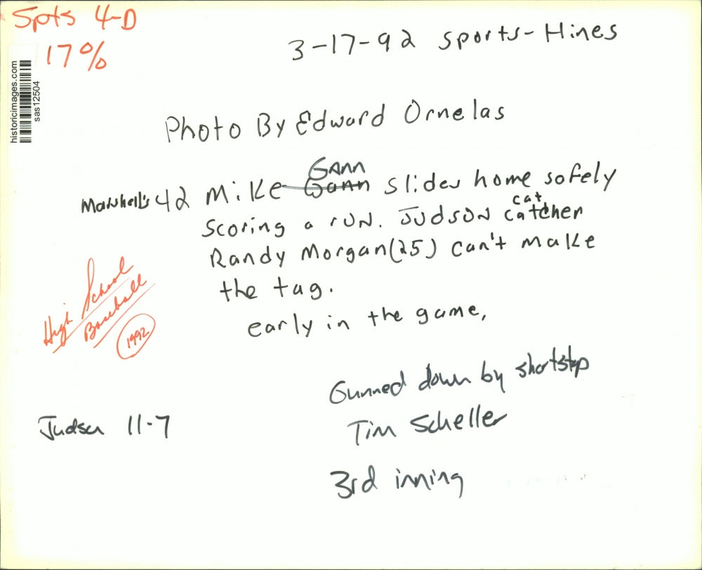 1992 Press Photo Marshall and Judson High School Baseball Players at Game