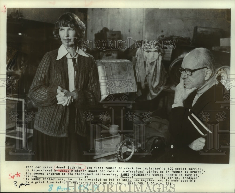1980 Press Photo Janet Guthrie, Race Car Driver with Interviewer James Michener- Historic Images