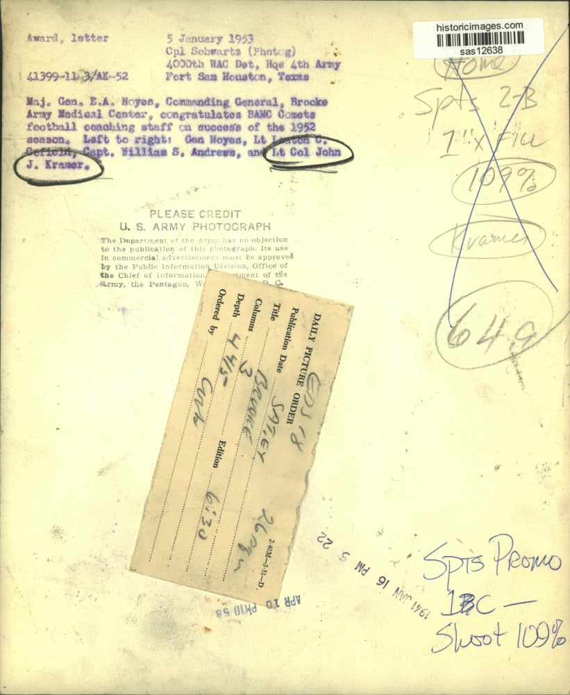 1953 Press Photo Lieutenant Colonel John J. Kramer at Football Coaching Staff