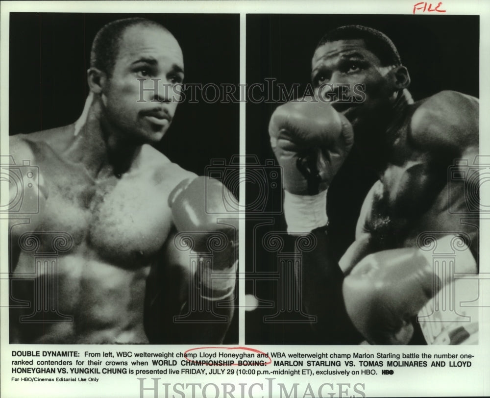 Press Photo Boxers Lloyd Honeyghan and Marlon Starling on Home Box Office Match- Historic Images