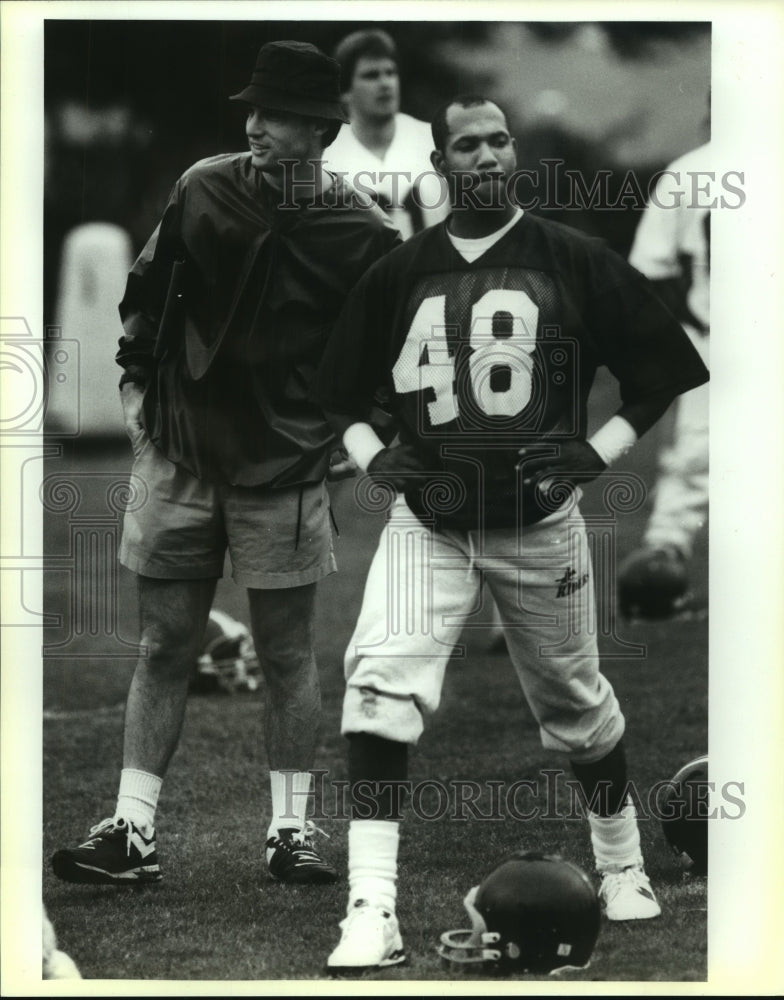 Press Photo Rike Riley, Riders Football Coach at Practice with Bobby Humphrey- Historic Images