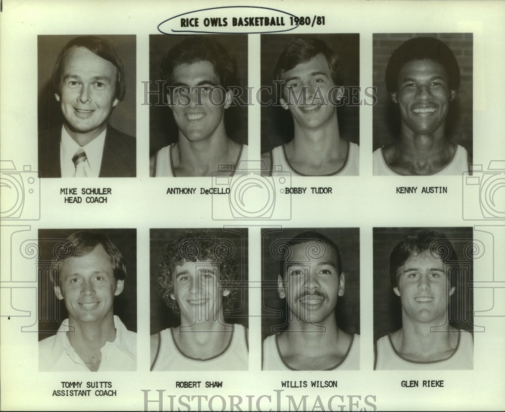 1980 Press Photo Mike Schuler, Rice Owls Basketball Head Coach with Team Players- Historic Images