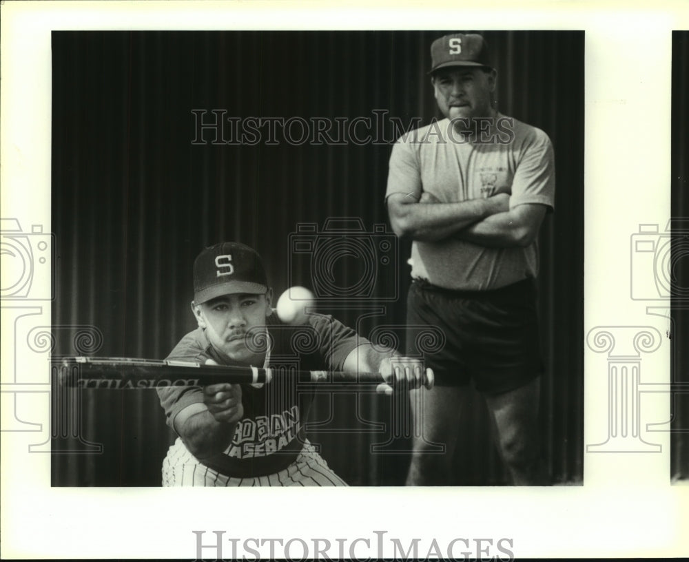 1992 Press Photo Nick Casas, South San High School Baseball Coach with Player- Historic Images