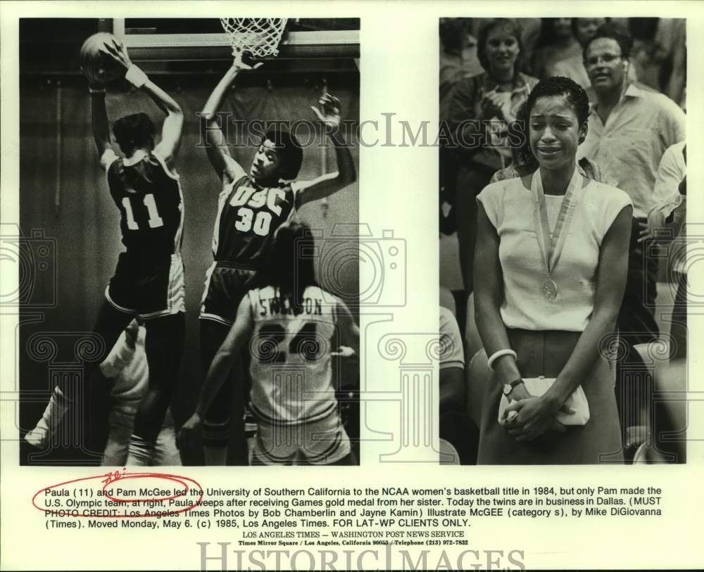 1985 Press Photo Southern Cal college basketball players Paula and Pam McGee- Historic Images