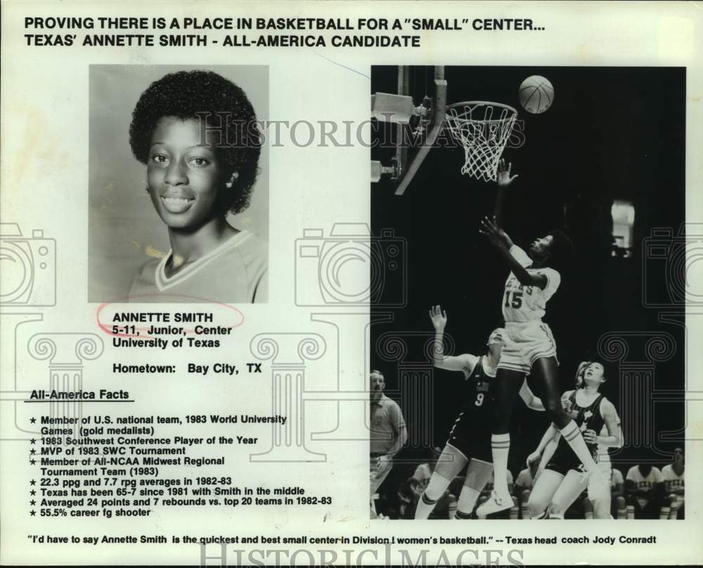 1986 Press Photo Texas college basketball star Annette Smith - sas16211- Historic Images