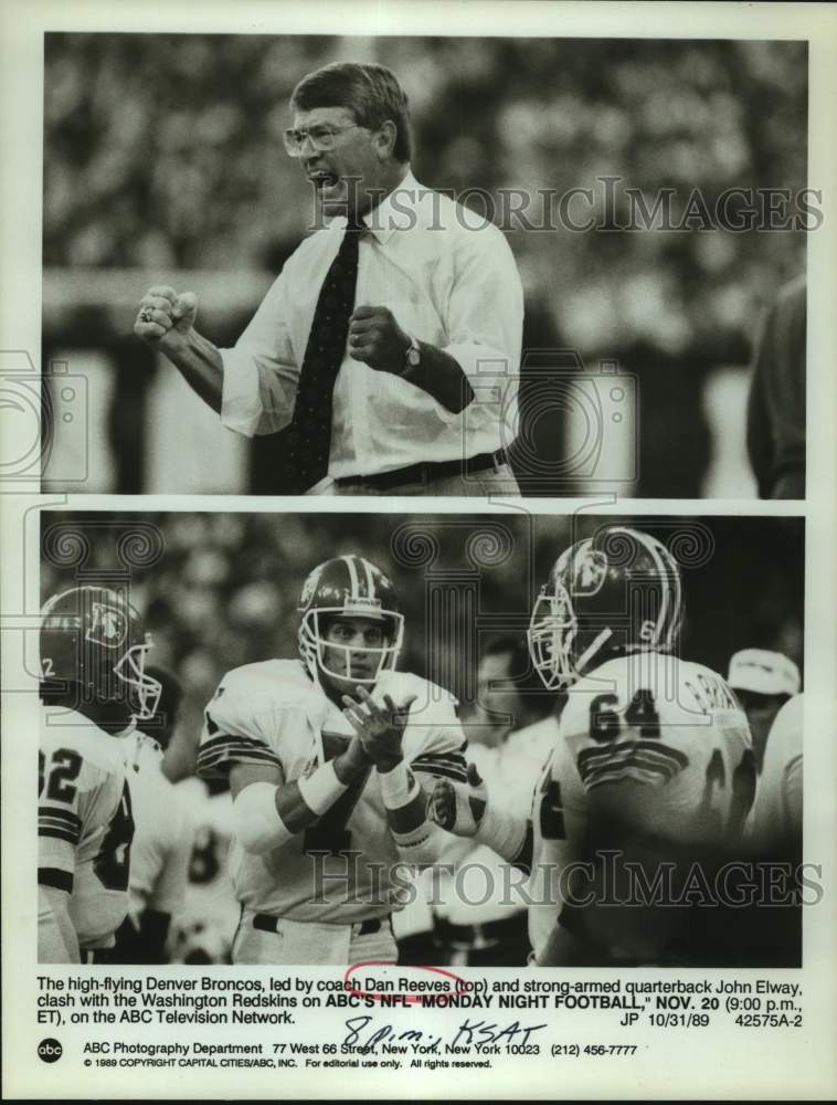 1989 Press Photo Denver Broncos coach Dan Reeves and quarterback John Elway- Historic Images