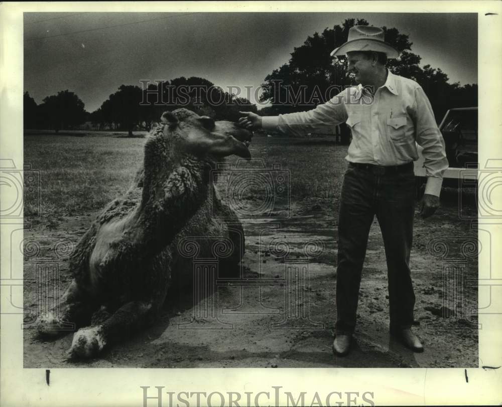 1983 Press Photo Red McCombs on his ranch with his camel - sas17948- Historic Images