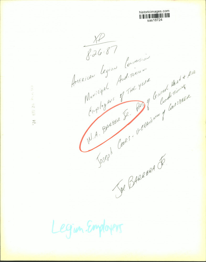 1987 Press Photo W.A. Barber Jr., Joseph Coors, American Legion convention