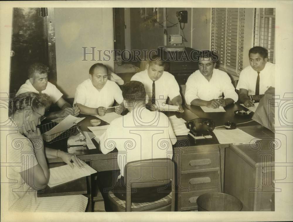 1963 Press Photo Six Men and One Woman Sit Around Desk - sas19101- Historic Images