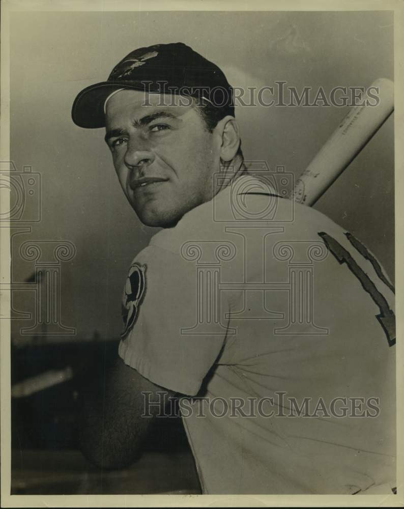 1957 Press Photo Baseball Player Gus Triandos Poses With Bat in Hitter's Stance- Historic Images