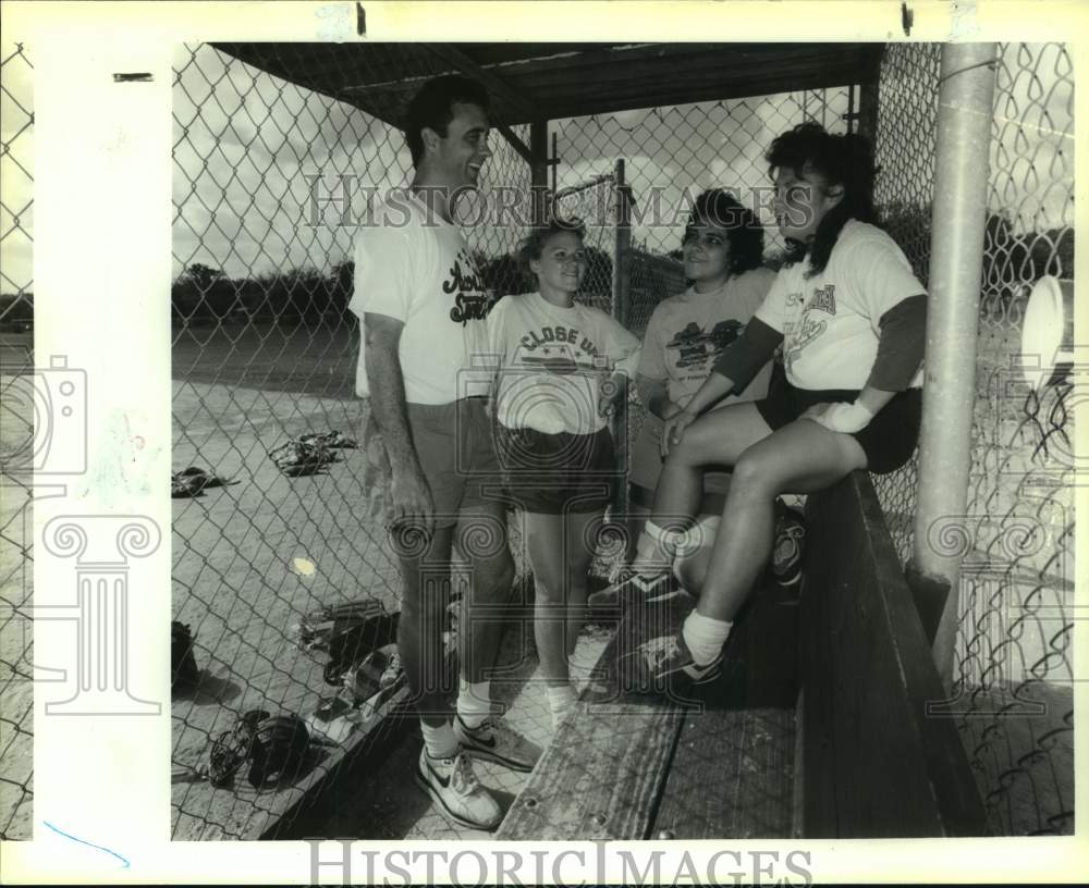 Press Photo St. Mary's Unversity Softball Coach & Players in Dugout at Practice- Historic Images