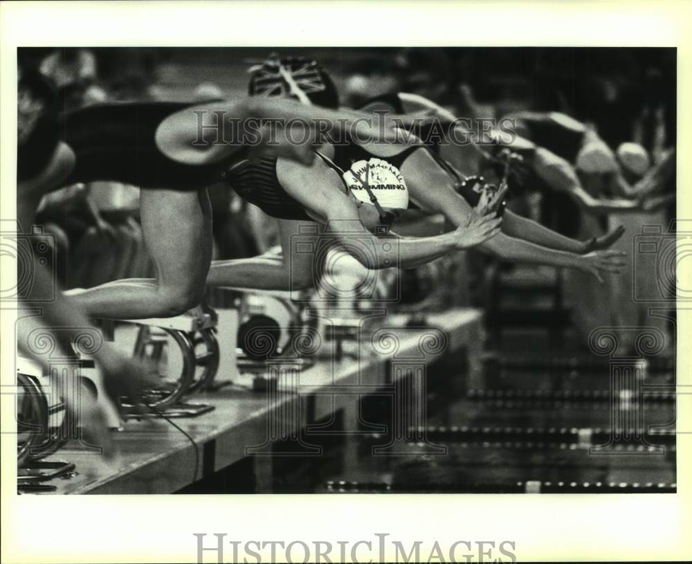 1994 Press Photo High School Swimmers Launch Off Blocks at UIL Swim Meet- Historic Images