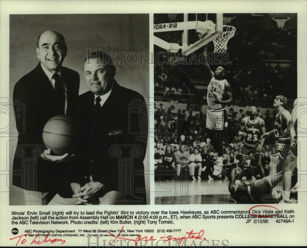 1990 Press Photo Illinois Basketball Player Dunks in Game &amp; ABC Commentators- Historic Images