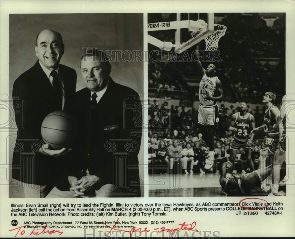 1990 Press Photo Illinois Basketball Player Dunks in Game & ABC Commentators- Historic Images
