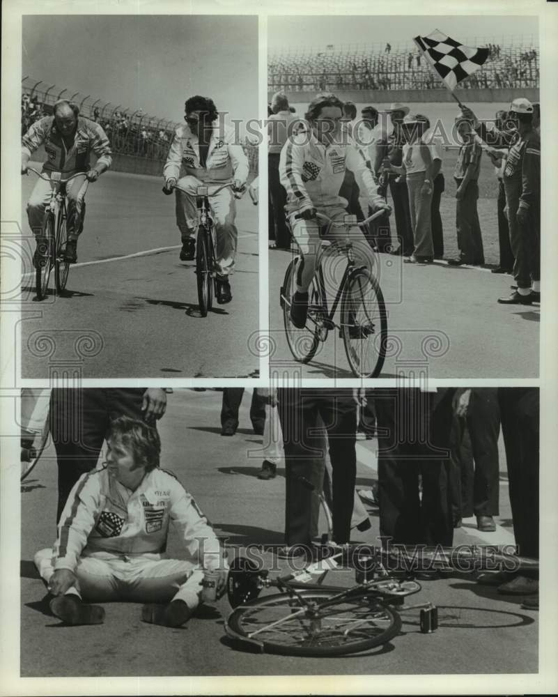 Press Photo Race Car Drivers Compete in Charity Bicycle Race, Michigan Speedway- Historic Images