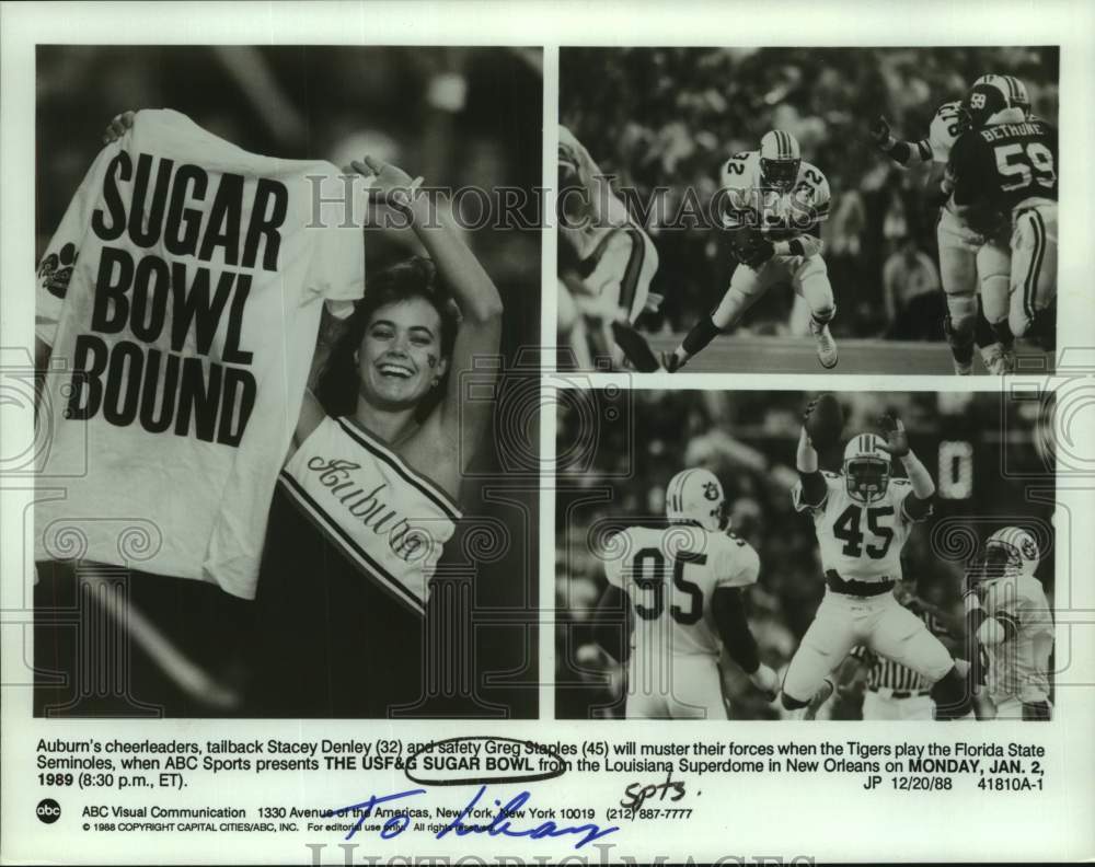 1988 Press Photo Auburn Football Cheerleader With Sugar Bowl Shirt &amp; Players- Historic Images