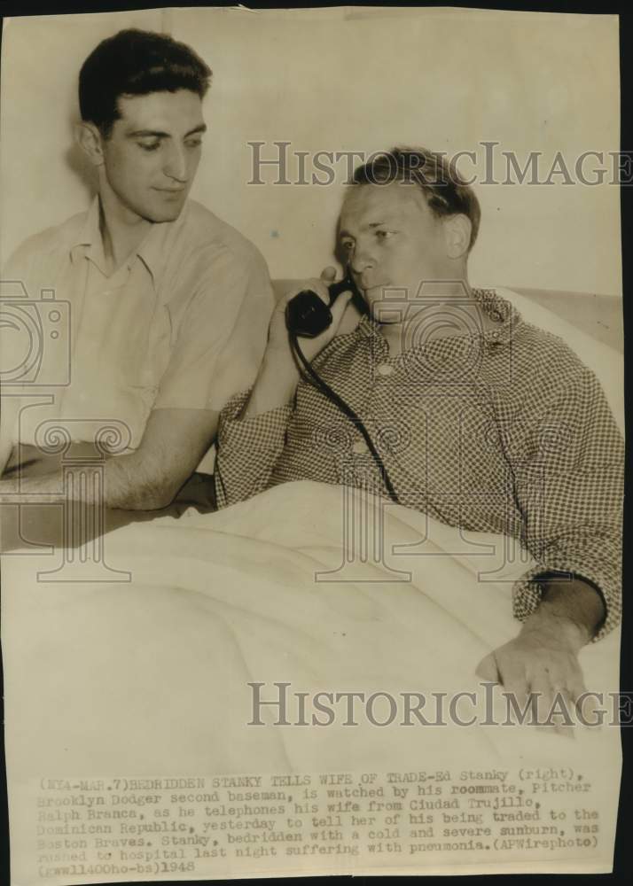 1948 Press Photo Brooklyn Dodgers Baseball Players Phone Wife From Hospital Bed- Historic Images