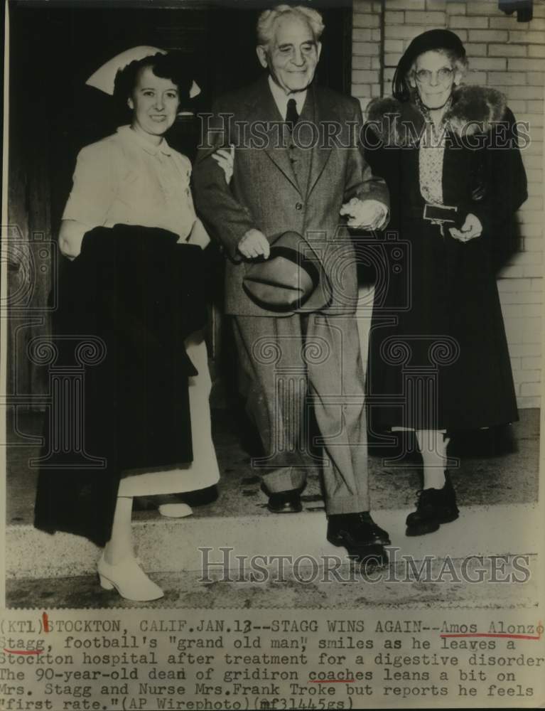 Press Photo Football Coach Leaves Stockton Hospital With Wife &amp; Nurse- Historic Images