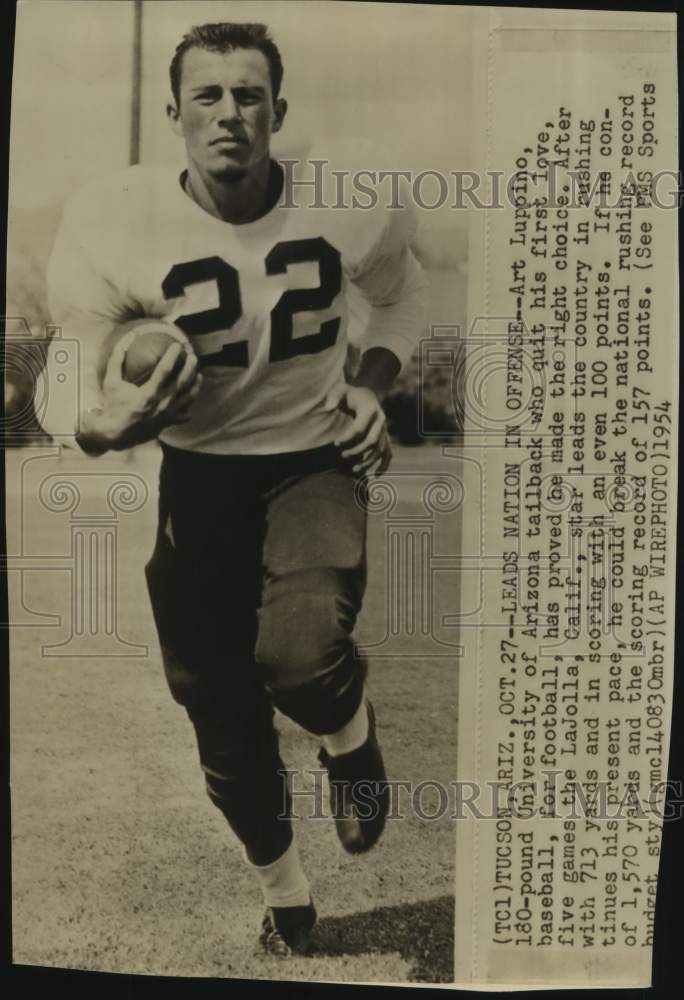 1954 Press Photo University of Arizona Football Player Art Luppino Runs Ball- Historic Images