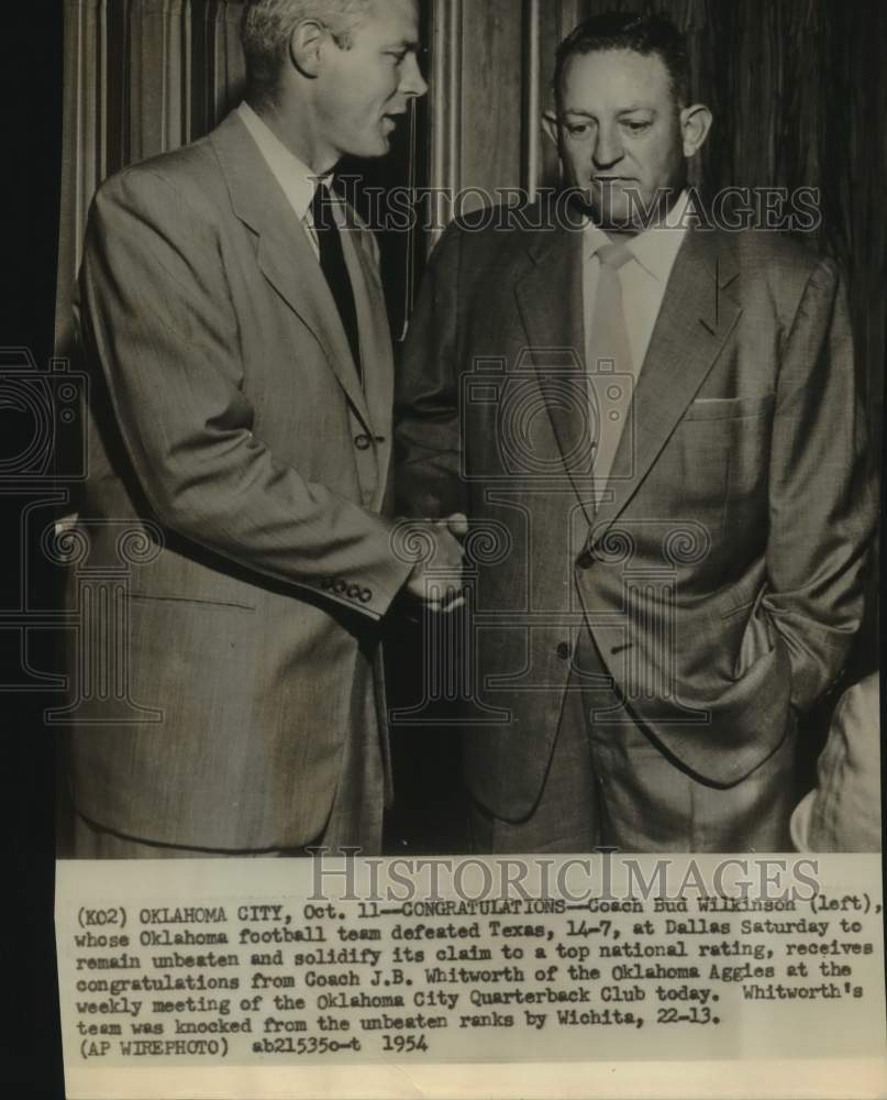 1954 Press Photo University of Oklahoma &amp; Oklahoma A&amp;M Football Coaches Shake- Historic Images