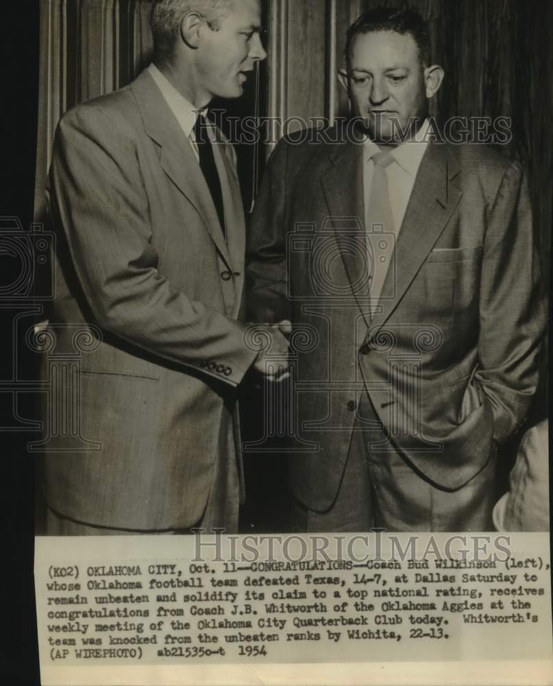 1954 Press Photo University of Oklahoma & Oklahoma A&M Football Coaches Shake- Historic Images