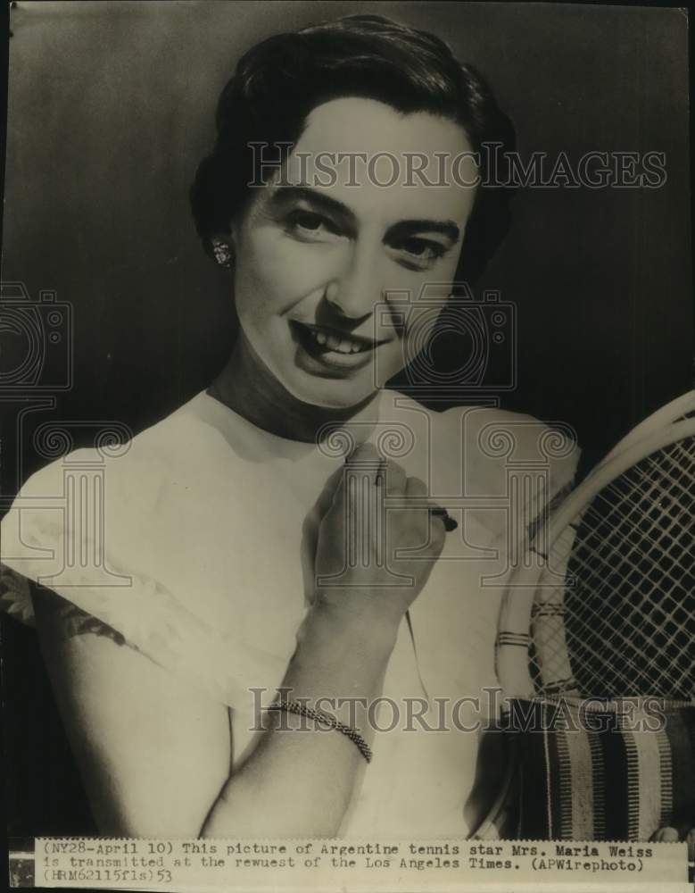 1953 Press Photo Tennis Player Maria Weiss Poses With Racquet - sas21757- Historic Images