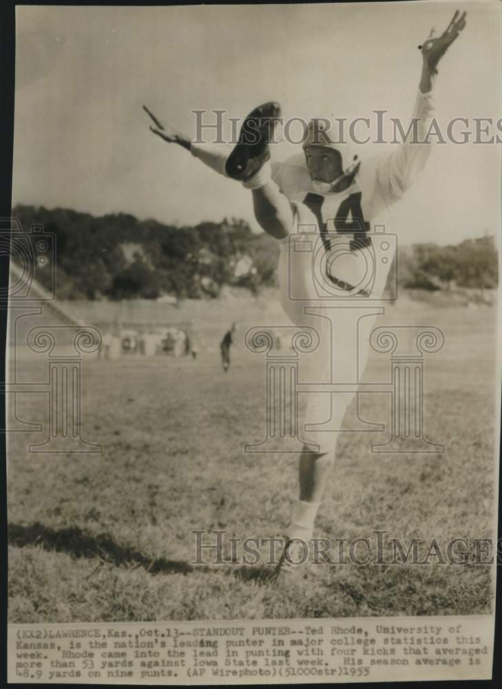 1955 Press Photo University of Kansas Football Player Ted Rhode Punts- Historic Images