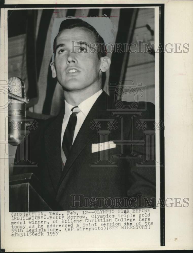 1957 Press Photo Olympic Runner Bobby Morrow Addresses Texas Legislature, Austin- Historic Images