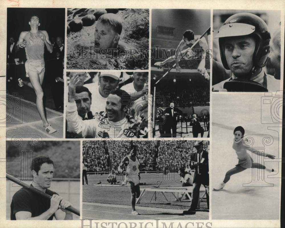 Press Photo Sports Montage Features Track, Swimming, Ice Skating & Auto Racing- Historic Images