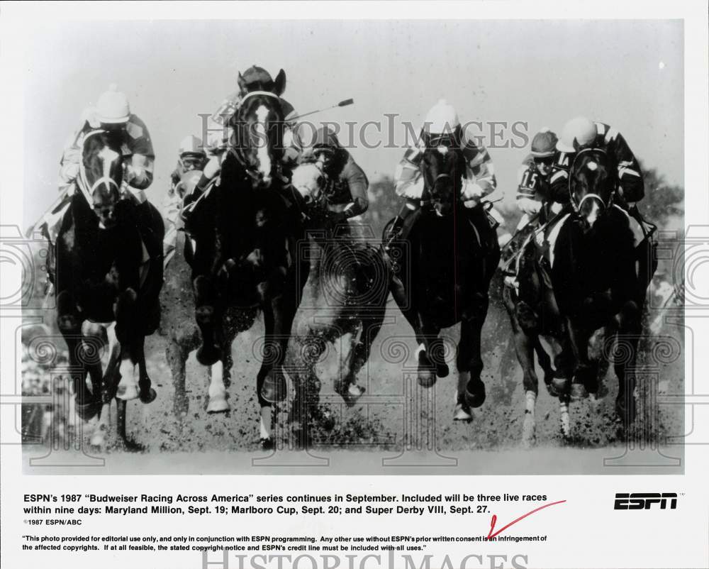 1987 Press Photo Horses Race in &quot;Budweiser Racing Across America&quot; Series on ESPN- Historic Images