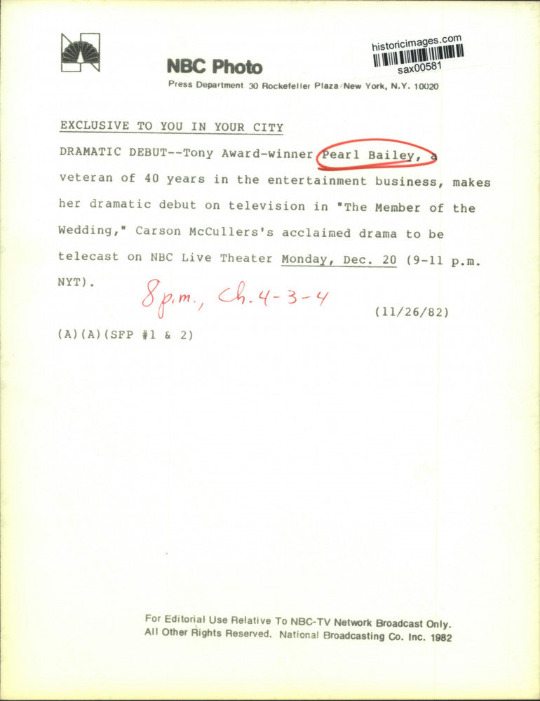 1982 Press Photo Tony Award-winner Actress Pearl Bailey - sax00581