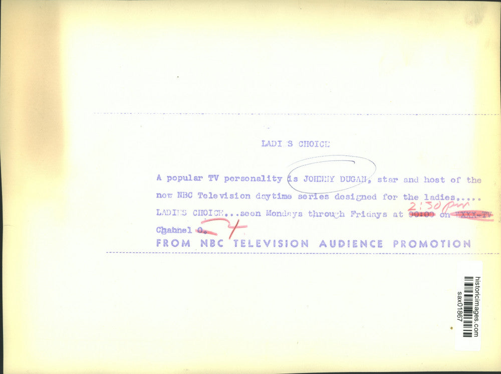 Press Photo TV personality Johnny Dugan on NBC show "Ladies Choice" - sax01867