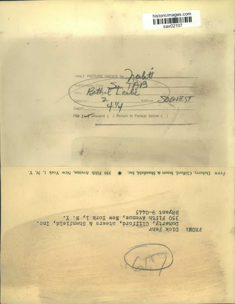 Press Photo Actress Bethel Leslie - sax02107