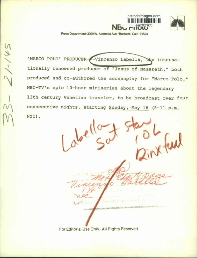 Press Photo Vincenzo Labella, Producer of "Jesus of Nazereth" and "Marco Polo"