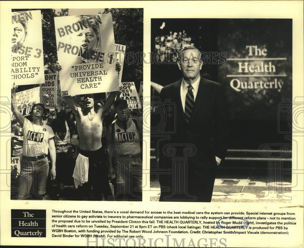 Press Photo Roger Mudd, The Health Quarterly Television Show Host and Protestors- Historic Images