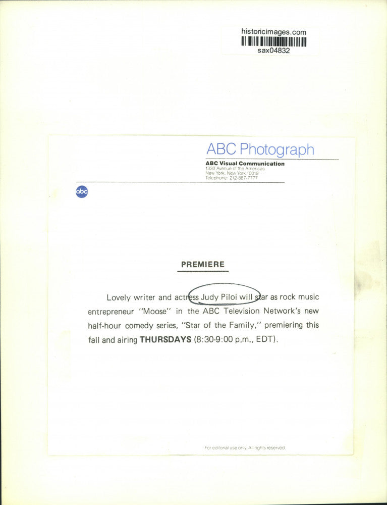 Press Photo Writer/Actress Judy Piloi stars in "Moose" on ABC Television