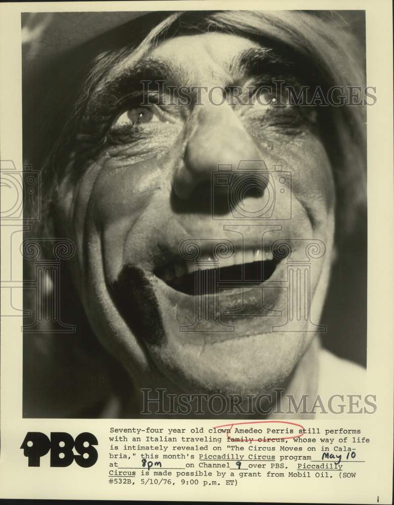 1976 Press Photo Seventy-four year old clown Amedeo Perris on PBS Special- Historic Images