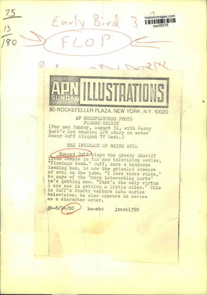 1980 Press Photo Actor Howard Duff in Television's "Flamingo Road" Series