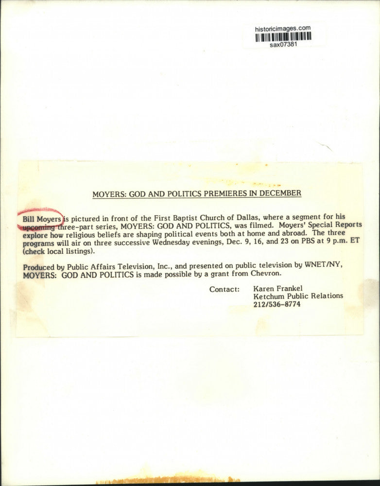 Press Photo Bill Moyers at First Baptist Church of Dallas Building for Series