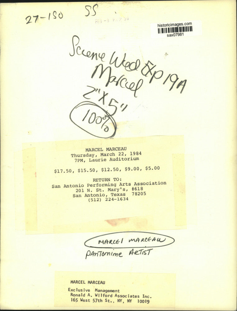 1984 Press Photo Marcel Marceau, Pantomime Artist at Laurie Auditorium