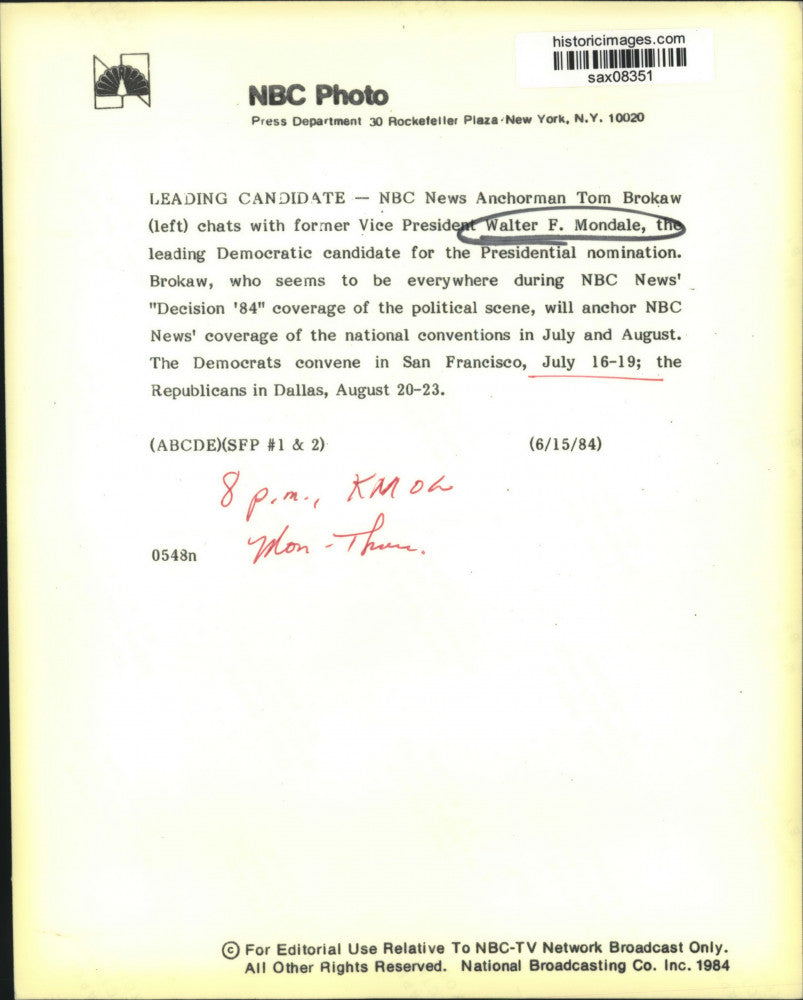 1984 Press Photo Vice President Walter F. Mondale with News Anchorman Tom Brokaw