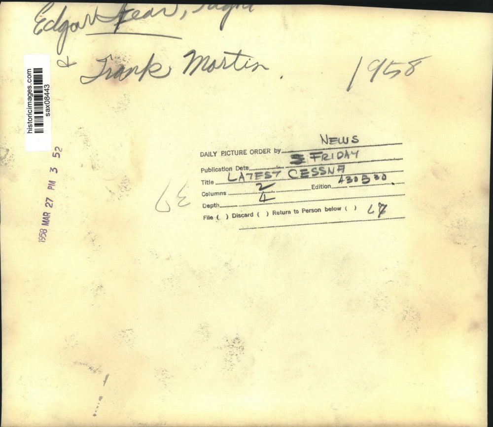 1958 Press Photo Edgar Fear with Frank Martin and Cessna Plane - sax08443