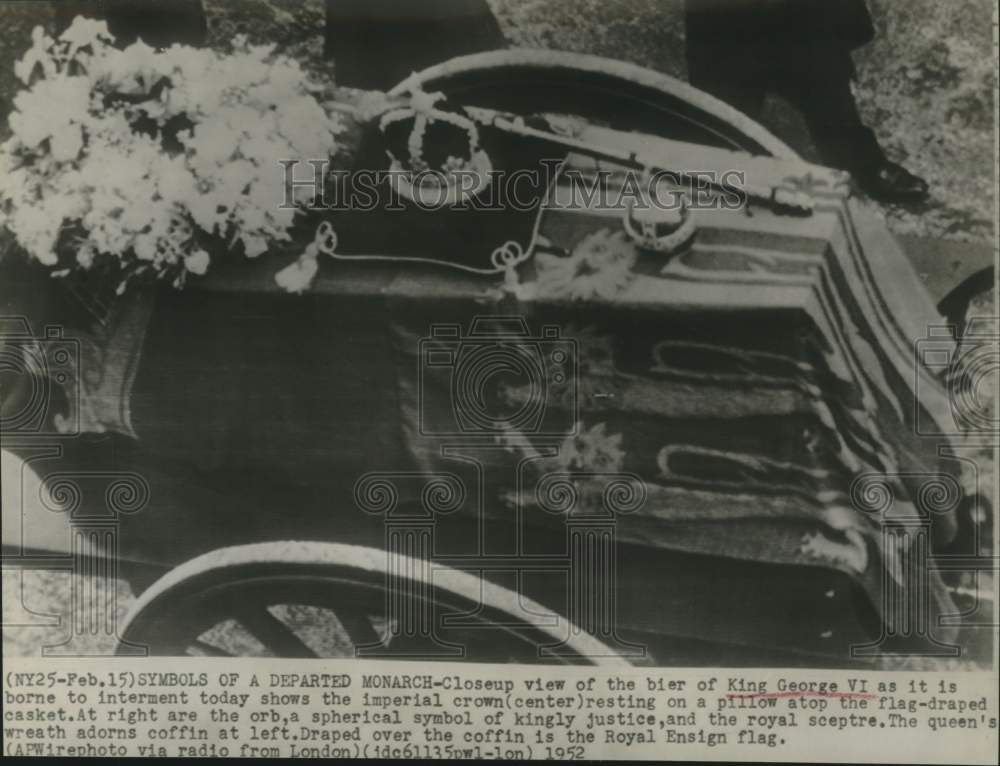 1952 Press Photo Closeup of King George VI Casket with Crown and Septer